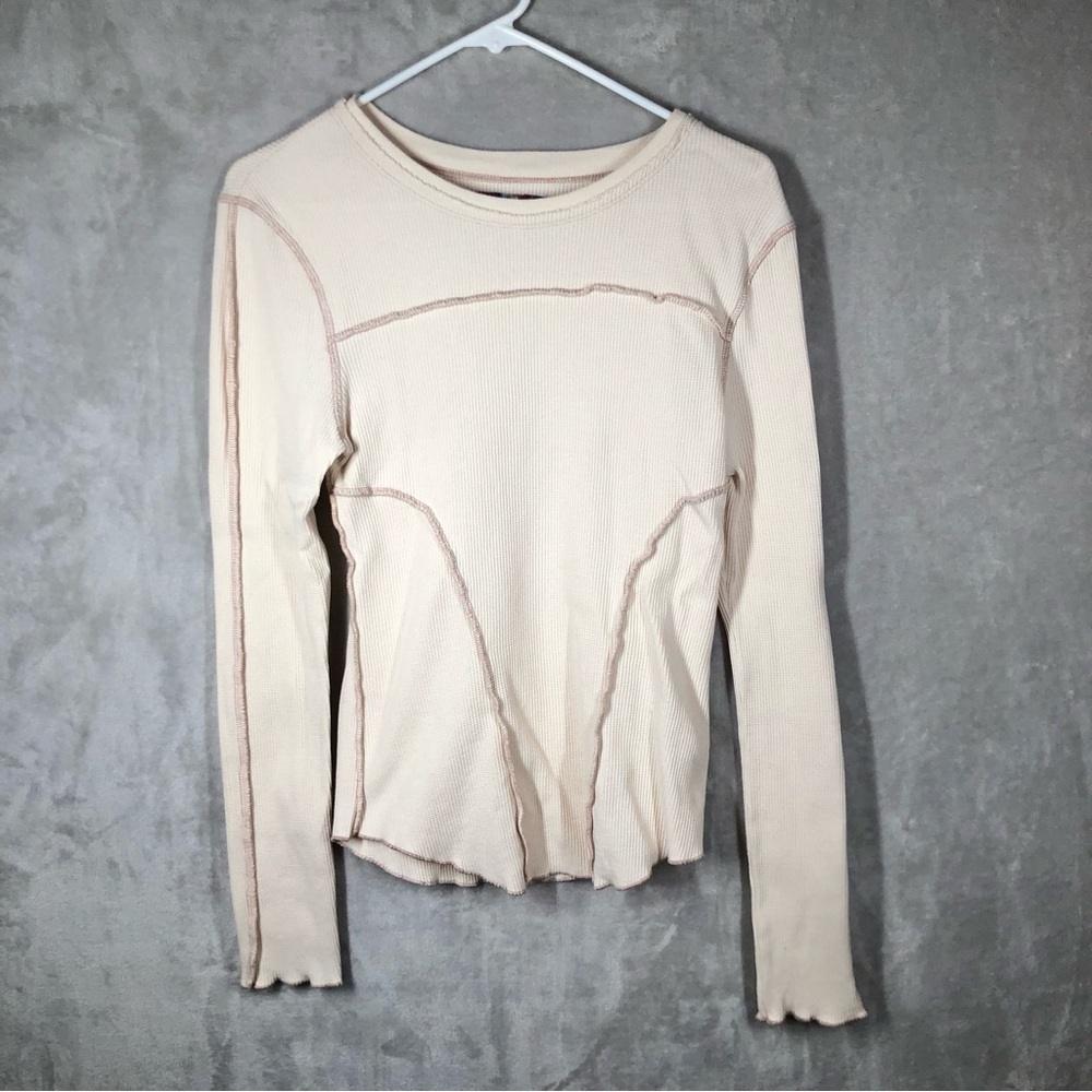 Urban Outfitters Exposed Seam Waffle Knit Shirt Womens L Ivory Balletcore Fitted